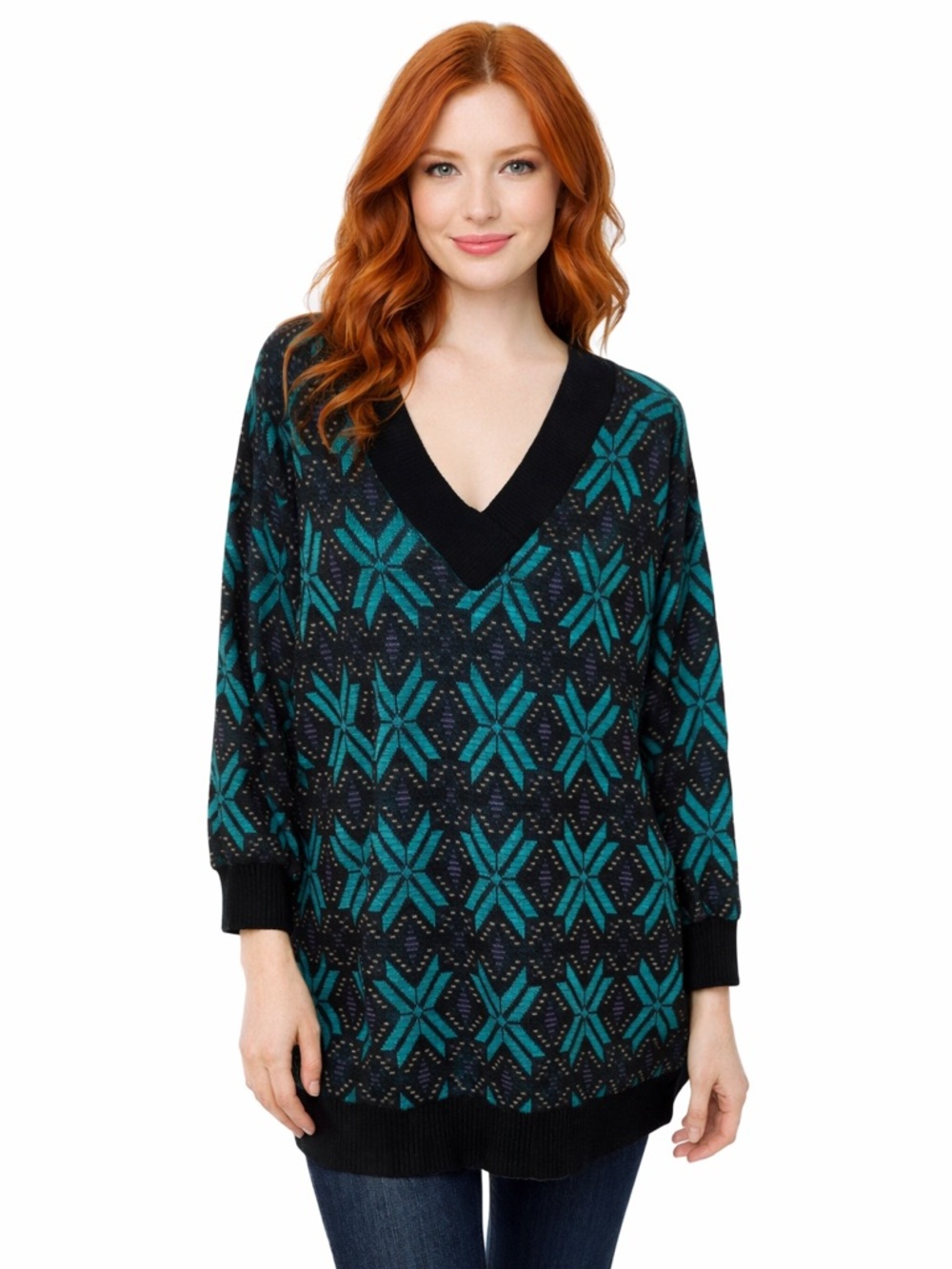 Vintage BBW Oversized Sweater Tunic Geometric Teal Black V Neck 90s